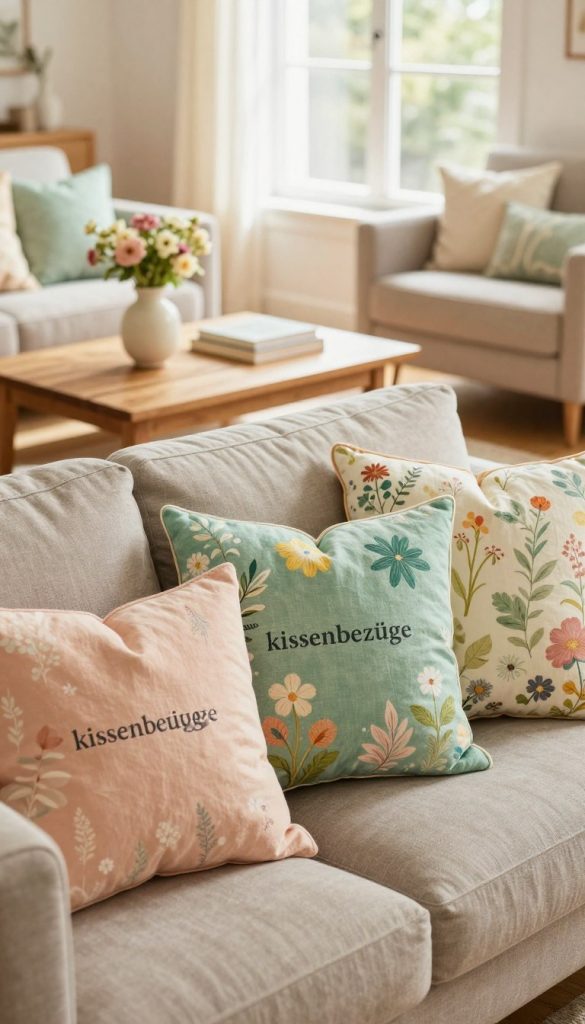 A cozy living room setting featuring colorful "kissenbezüge" designed in warm, spring-inspired tones like soft pastels, vibrant greens, and floral patterns that evoke a sense of freshness. In the foreground, beautifully arranged cushions on a stylish sofa, showcasing various textures and patterns—some with delicate prints of flowers and leaves. In the middle ground, a wooden coffee table adorned with a small vase of fresh flowers and a few artisan books that enhance the inviting atmosphere. The background reveals a sunlit window with sheer curtains, allowing warm, natural light to filter in, creating a bright and airy mood. Lens focus captures the intricate details of the cushions with a slight depth of field. The overall ambiance is authentic and inspiring, reminiscent of a Pinterest aesthetic, emphasizing the "KlickKiste" brand as a source of creative home decor ideas. A cozy living room setting featuring colorful "kissenbezüge" designed in warm, spring-inspired tones like soft pastels, vibrant greens, and floral patterns that evoke a sense of freshness. In the foreground, beautifully arranged cushions on a stylish sofa, showcasing various textures and patterns—some with delicate prints of flowers and leaves. In the middle ground, a wooden coffee table adorned with a small vase of fresh flowers and a few artisan books that enhance the inviting atmosphere. The background reveals a sunlit window with sheer curtains, allowing warm, natural light to filter in, creating a bright and airy mood. Lens focus captures the intricate details of the cushions with a slight depth of field. The overall ambiance is authentic and inspiring, reminiscent of a Pinterest aesthetic, emphasizing the "KlickKiste" brand as a source of creative home decor ideas.