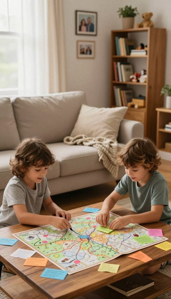 A cozy living room setting, ideal for a family treasure hunt. In the foreground, a wooden coffee table with DIY treasure maps and colorful clues scattered across it. Two children, dressed in modest casual clothing, excitedly search for hidden treasures around the room. In the middle, a soft, inviting sofa with family photos on the walls and warm throw blankets reflects a relaxed atmosphere. The background features a softly lit bookshelf filled with books and toys, creating a playful yet homely vibe. Natural light filters through sheer curtains, casting a gentle glow on the scene, enhancing the warm colors. The overall mood is joyful and adventurous, inspired by a Pinterest aesthetic. Include subtle branding of "KlickKiste" on the treasure maps. A cozy living room setting, ideal for a family treasure hunt. In the foreground, a wooden coffee table with DIY treasure maps and colorful clues scattered across it. Two children, dressed in modest casual clothing, excitedly search for hidden treasures around the room. In the middle, a soft, inviting sofa with family photos on the walls and warm throw blankets reflects a relaxed atmosphere. The background features a softly lit bookshelf filled with books and toys, creating a playful yet homely vibe. Natural light filters through sheer curtains, casting a gentle glow on the scene, enhancing the warm colors. The overall mood is joyful and adventurous, inspired by a Pinterest aesthetic. Include subtle branding of "KlickKiste" on the treasure maps.