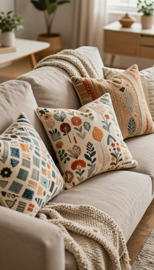 A cozy living room setup featuring a plush sofa adorned with an array of beautifully patterned cushions showcasing a variety of textures and colors. The foreground highlights the decorative pillows, each with unique designs, such as geometric, floral, and abstract prints, harmonizing to create a layered textile effect. In the middle ground, a soft, textured throw blanket drapes over one side of the sofa, adding warmth and inviting relaxation. The background reveals a softly lit room with a warm ambiance, accompanied by a stylish coffee table and subtle hints of greenery. The lighting is warm and natural, reminiscent of a Pinterest aesthetic, inviting a sense of comfort and inspiration. The overall scene embodies an authentic DIY feel, perfect for showcasing textile layer combinations around the sofa, branded with "KlickKiste".