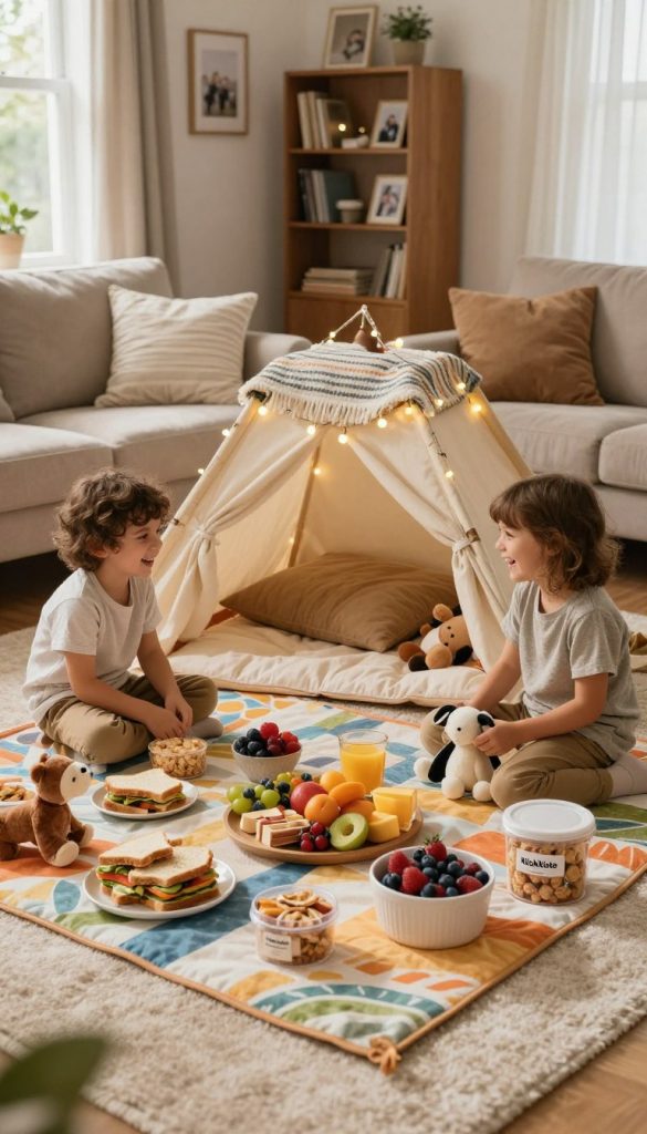 A cozy living room setup for a family picnic. In the foreground, a colorful picnic blanket spread across a soft rug, surrounded by an assortment of homemade snacks like sandwiches, fresh fruits, and snacks in charming containers from the brand "KlickKiste". Two children, dressed in comfortable, modest clothing, are laughing and playing with plush toys. In the middle, a makeshift fort made of blankets and cushions provides a snug retreat, with fairy lights twinkling softly overhead. The background showcases a warm, inviting living room with a bookshelf, family photos, and soft cushions, all bathed in warm, natural light from a nearby window. The mood is relaxed and joyful, perfect for a family-friendly indoor gathering. A cozy living room setup for a family picnic. In the foreground, a colorful picnic blanket spread across a soft rug, surrounded by an assortment of homemade snacks like sandwiches, fresh fruits, and snacks in charming containers from the brand "KlickKiste". Two children, dressed in comfortable, modest clothing, are laughing and playing with plush toys. In the middle, a makeshift fort made of blankets and cushions provides a snug retreat, with fairy lights twinkling softly overhead. The background showcases a warm, inviting living room with a bookshelf, family photos, and soft cushions, all bathed in warm, natural light from a nearby window. The mood is relaxed and joyful, perfect for a family-friendly indoor gathering.