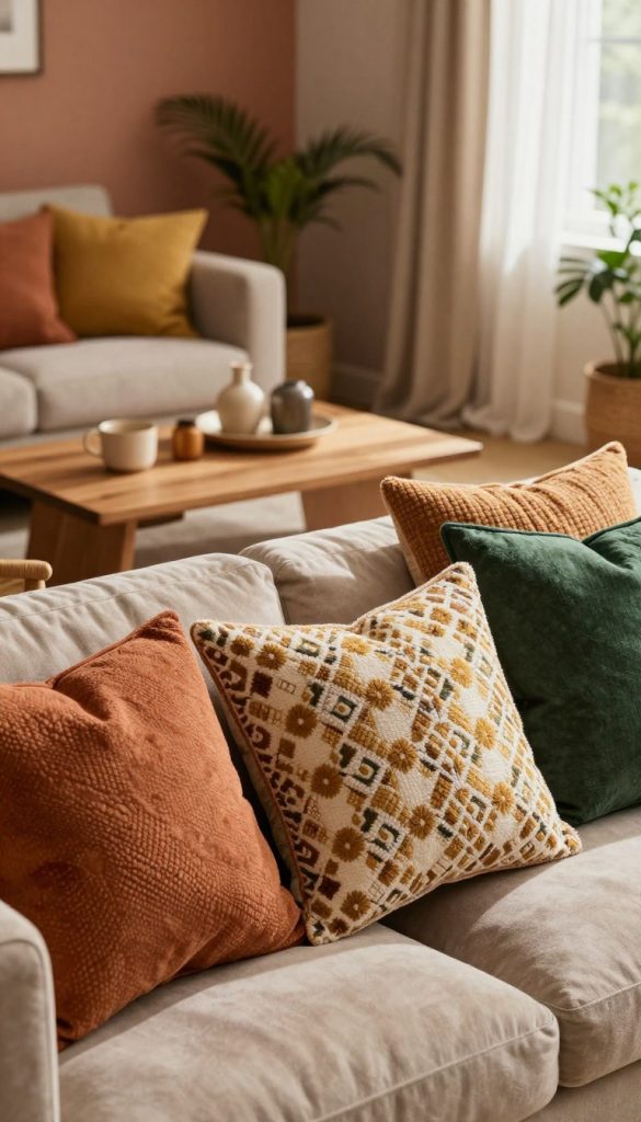 A cozy living room showcasing a beautifully arranged selection of cushions, each featuring different patterns and textures. In the foreground, a soft, plush sofa hosts a mix of boldly patterned and subtly textured cushions, harmoniously combined in warm, inviting colors like terracotta, mustard, and deep green. The middle ground features a wooden coffee table adorned with a tasteful decor piece, while a gentle light filters through nearby sheer curtains, casting soft shadows. In the background, a warm, inviting atmosphere is created with earthy colored walls and houseplants, enhancing a Pinterest-inspired DIY vibe. The whole scene emanates an authentic, inspiring mood, reflecting the essence of stylish cushion combinations for contemporary living spaces. Brand: KlickKiste.