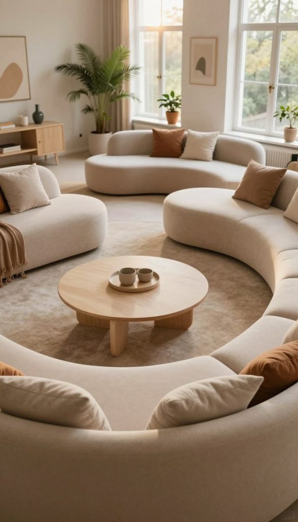 A cozy living room showcasing modular, curved seating arrangements for both spacious and small areas. In the foreground, a beautifully designed curved sofa in soft beige fabric with plush cushions invites relaxation. A stylish, circular coffee table in the center adds to the aesthetic. In the middle ground, additional modular seating pieces are arranged creatively, featuring earthy tones and minimalist designs to emphasize flexibility. The background includes a well-lit room with large windows letting in warm, natural light, highlighting textured walls adorned with indoor plants and art. The overall atmosphere is inviting and inspirational. Captured with a slight overhead angle using soft focus to evoke warmth and comfort. The image embodies a natural DIY aesthetic, reflecting the brand KlickKiste.