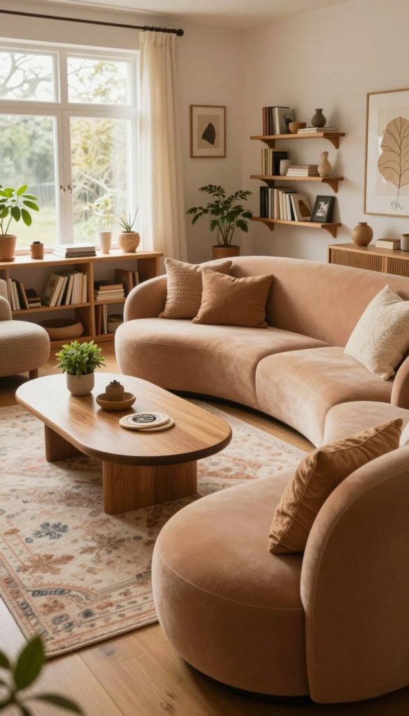 A cozy living room showcasing organic shapes in the furniture and decor, with inviting warm colors and a natural DIY aesthetic. In the foreground, a comfortable, curvy sofa in soft earthy tones, adorned with textured throw pillows, sits on a lightly patterned rug. The middle layer features a stylish coffee table with rounded edges, topped with decorative elements like a small potted plant and artistic coasters. In the background, large windows allow natural light to flood the space, highlighting organic wooden shelves filled with books and art pieces. The atmosphere is warm and inviting, with a Pinterest-inspired touch, reflecting the creativity of KlickKiste. The lighting is soft and ambient, enhancing the tranquil mood.