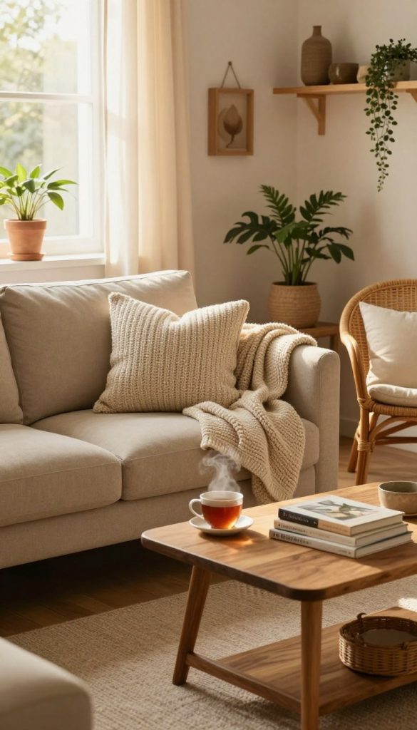 A cozy living room showcasing soft textures for a warm atmosphere, featuring a plush beige sofa adorned with oversized knit pillows, and a hand-woven wool throw draped casually across its arm. Centered in the middle foreground, a small wooden coffee table displays a steaming cup of tea and a stack of design books. To the side, a woven rattan chair with a soft cushion invites relaxation. The background reveals a softly lit window with sheer curtains allowing warm, golden sunlight to filter in, enhancing the inviting feel. Wall-mounted shelves showcase rustic decor items with natural wood tones and potted plants, adding a fresh touch. The overall mood is tranquil and inspiring, perfect for a DIY ambiance, reflecting the essence of KlickKiste with an authentic Pinterest-style aesthetic.