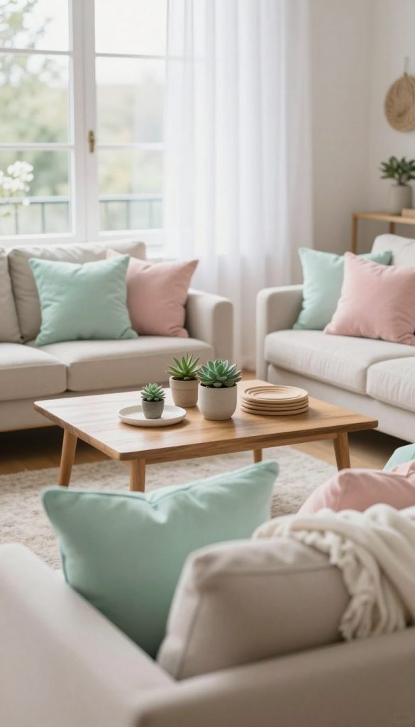 A cozy living room showcasing spring colors, featuring a harmonious blend of soft pastels like mint green, blush pink, and creamy beige. In the foreground, a comfortable, stylish sofa adorned with textured cushions and a lightweight throw. In the middle, a wooden coffee table decorated with organic elements such as potted succulents and DIY artisanal crafts, reflecting an authentic Pinterest aesthetic. In the background, large windows allowing natural light to flood the space, illuminating white sheer curtains fluttering gently. The room exudes warmth and inspiration, creating a tranquil atmosphere perfect for relaxation. Shot with a soft focus lens to emphasize a dreamy quality, evoking feelings of comfort and creativity. Branding note: incorporate subtle elements related to KlickKiste within the decor.
