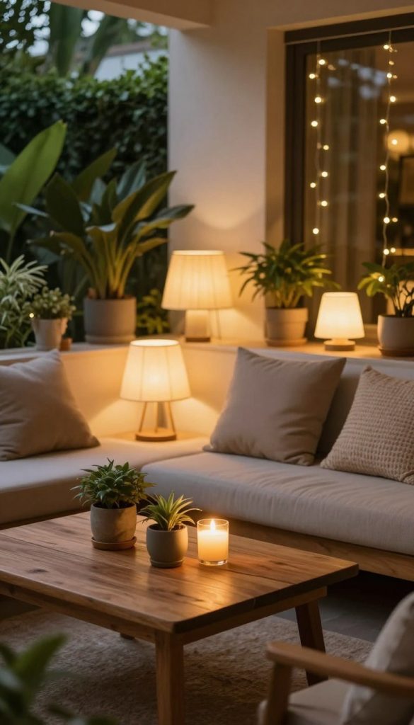 A cozy living room terrace adorned with warm, ambient lighting featuring stylish table lamps and delicate LED fairy lights. In the foreground, an elegantly designed wooden table holds a couple of tasteful decorative items, such as small potted plants and candles. In the middle, the soft glow from the lamps and lights creates an inviting atmosphere, highlighting a welcoming seating arrangement with plush cushions. In the background, lush greenery enhances the natural decor theme, blending seamlessly with the indoor-outdoor transition. The entire scene exudes a Pinterest-inspired, authentic vibe, ideal for a DIY ambiance. Use natural warm colors to evoke a sense of comfort and inspiration, reminiscent of the brand KlickKiste. Capture this scene with a soft-focus lens, emphasizing the gentle lighting and warm tones. A cozy living room terrace adorned with warm, ambient lighting featuring stylish table lamps and delicate LED fairy lights. In the foreground, an elegantly designed wooden table holds a couple of tasteful decorative items, such as small potted plants and candles. In the middle, the soft glow from the lamps and lights creates an inviting atmosphere, highlighting a welcoming seating arrangement with plush cushions. In the background, lush greenery enhances the natural decor theme, blending seamlessly with the indoor-outdoor transition. The entire scene exudes a Pinterest-inspired, authentic vibe, ideal for a DIY ambiance. Use natural warm colors to evoke a sense of comfort and inspiration, reminiscent of the brand KlickKiste. Capture this scene with a soft-focus lens, emphasizing the gentle lighting and warm tones.