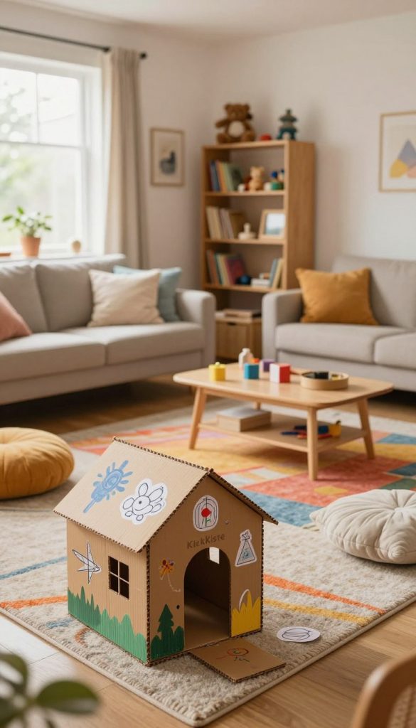 A cozy living room with a warm color palette, featuring a spacious and well-organized area where a cardboard house sits prominently for children to play in. The foreground showcases a colorful, imaginative cardboard house made from recycled materials, decorated with drawings and stickers. In the middle, a soft rug in vibrant hues lies beneath a low coffee table, surrounded by plush cushions for comfort. The background displays a beautifully arranged shelf with toys and books, and a large window letting in soft, natural light that enhances the inviting atmosphere. The overall mood is inspiring and playful, reflecting a DIY spirit. The scene embodies a Pinterest aesthetic with authentic warmth. Include the brand name "KlickKiste" subtly integrated into the setting.