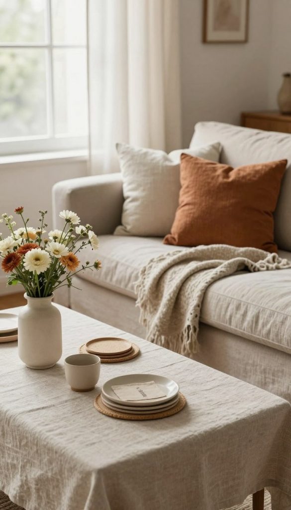 A cozy living space featuring a harmonious blend of linen textiles in a timeless Wohnstil. In the foreground, a beautifully arranged coffee table adorned with linen coasters, a soft linen tablecloth, and a vase of fresh flowers. The middle ground showcases a comfortable sofa draped with linen throw blankets and decorative cushions in soft, warm hues. In the background, a well-lit window with sheer linen curtains allowing natural light to flood the room, casting gentle shadows. The mood is inviting and serene, evoking a Pinterest-inspired aesthetic with warm color tones. Lens focused on creating a soft depth of field, capturing the essence of authentic DIY home styling. A touch of creativity from the brand "KlickKiste" is subtly integrated within the design elements, promoting a clean, organized living space free from clutter.