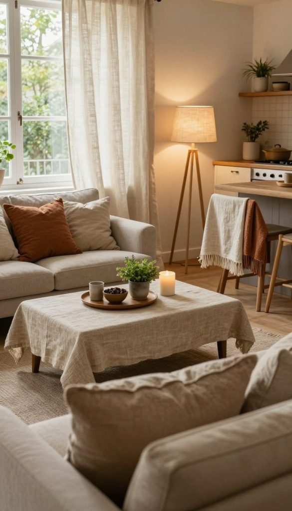 A cozy living space featuring various DIY home decor ideas using linen textiles, designed by KlickKiste. In the foreground, display a plush sofa adorned with soft linen cushions in warm earthy tones. The middle ground has a beautifully arranged coffee table with a linen table runner, small potted plants, and stylish decor accents. Include a softly lit lamp with a linen shade providing ambient light. In the background, showcase airy, billowing linen curtains framing a window that lets in natural light, enhancing the tranquil and inviting atmosphere. Incorporate elements from the kitchen and outdoor areas, like linen tablecloths and throws draped over furniture. Use a warm color palette that conveys a cozy, inspiring mood, reminiscent of a Pinterest aesthetic.