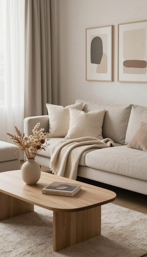 A cozy living space inspired by soft minimalism, featuring a harmonious blend of beige, cream, greige, and warm gray tones. In the foreground, a beautifully arranged coffee table with a neutral-toned vase filled with dried flowers sits atop a plush, light-colored rug. The middle layer showcases a comfortable sofa draped with textured beige blankets and an assortment of cream-colored cushions, meticulously styled for a warm, inviting feel. In the background, a well-lit corner with natural light streaming through sheer curtains highlights a tasteful gallery wall featuring abstract art in soft tones. The atmosphere is serene and inviting, capturing an authentic and inspiring Pinterest aesthetic, perfect for DIY enthusiasts. Designed for 'KlickKiste', the image radiates warmth and creativity, appealing to those seeking simple yet elegant home ideas. A cozy living space inspired by soft minimalism, featuring a harmonious blend of beige, cream, greige, and warm gray tones. In the foreground, a beautifully arranged coffee table with a neutral-toned vase filled with dried flowers sits atop a plush, light-colored rug. The middle layer showcases a comfortable sofa draped with textured beige blankets and an assortment of cream-colored cushions, meticulously styled for a warm, inviting feel. In the background, a well-lit corner with natural light streaming through sheer curtains highlights a tasteful gallery wall featuring abstract art in soft tones. The atmosphere is serene and inviting, capturing an authentic and inspiring Pinterest aesthetic, perfect for DIY enthusiasts. Designed for 'KlickKiste', the image radiates warmth and creativity, appealing to those seeking simple yet elegant home ideas.
