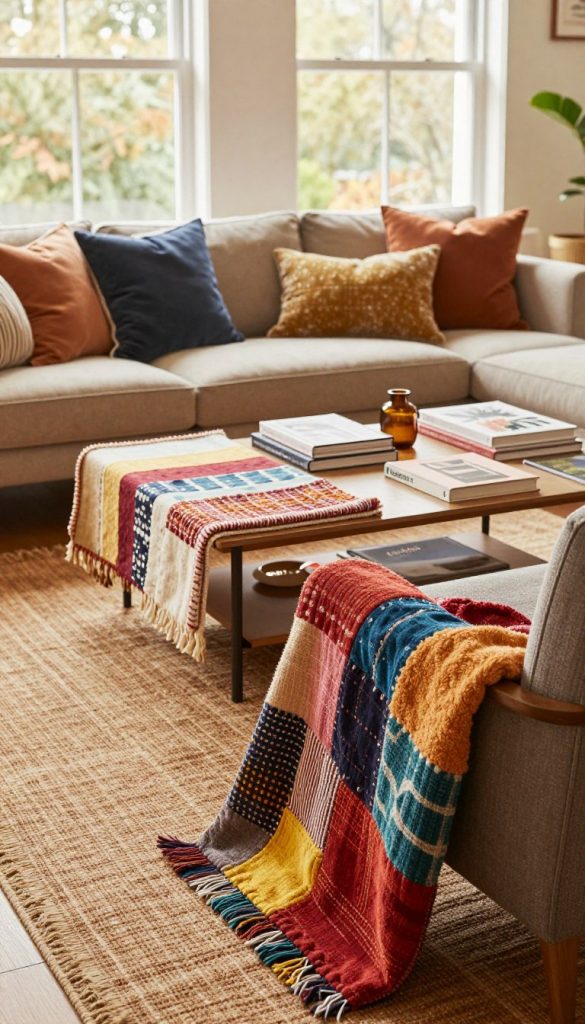A cozy living space showcasing a "textilmix" design with layered textiles in various colors and patterns. In the foreground, a soft, textured rug in earth tones contrasts with a vibrant patchwork throw draped over a modern armchair. The middle ground features an inviting coffee table adorned with a stylish arrangement of fabric swatches and design books, surrounded by plush cushions of different styles, inviting relaxation. In the background, large windows let in warm, natural light, illuminating the space. The atmosphere exudes warmth and creativity, reflecting a Pinterest-inspired aesthetic that embodies DIY charm. The brand name "KlickKiste" subtly integrates into the decor elements, showcasing authentic and inspiring design ideas.
