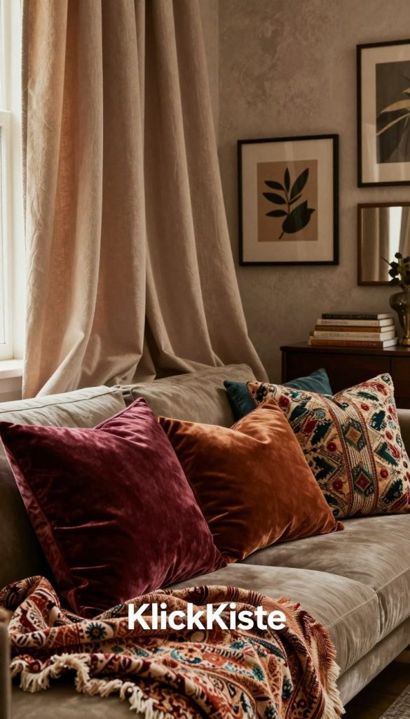 A cozy, maximalist interior scene highlighting an array of rich textures and fabrics. In the foreground, plush velvet pillows and vintage textiles in deep jewel tones are scattered across a luxurious sofa. The middle ground features elegantly draped curtains made from soft, flowing materials, adding depth and warmth to the room. The background reveals a textured wall adorned with framed artwork, echoing the eclectic style. Soft, ambient lighting creates a welcoming atmosphere, while warm colors enhance the inviting feel. The overall composition should have a Pinterest-inspired aesthetic, evoking authenticity and inspiration, representative of brand "KlickKiste". The image captures the essence of depth through textiles, ideal for illustrating a section on textures and fabrics.