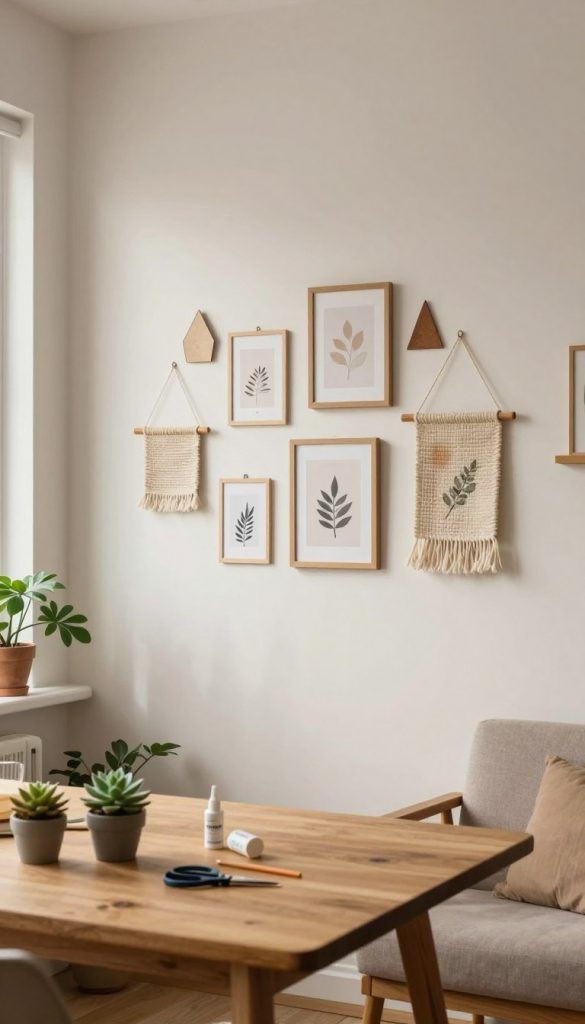 A cozy, minimalist home interior featuring an inspiration board for DIY wall décor ideas. In the foreground, a simple wooden table has small potted succulents and art supplies like scissors and glue. The middle showcases a blank wall adorned with various DIY wall decorations: a collection of minimalistic framed prints, woven textile hangings, and geometric shapes made of natural materials. Soft, diffused lighting comes from a nearby window, casting gentle shadows and creating a warm atmosphere. The background includes subtle hints of houseplants and a comfortable couch, providing a Pinterest-inspired, authentic look. The scene is designed to be inviting and inspiring, reflecting the theme of natural aesthetics and creativity associated with "KlickKiste." A cozy, minimalist home interior featuring an inspiration board for DIY wall décor ideas. In the foreground, a simple wooden table has small potted succulents and art supplies like scissors and glue. The middle showcases a blank wall adorned with various DIY wall decorations: a collection of minimalistic framed prints, woven textile hangings, and geometric shapes made of natural materials. Soft, diffused lighting comes from a nearby window, casting gentle shadows and creating a warm atmosphere. The background includes subtle hints of houseplants and a comfortable couch, providing a Pinterest-inspired, authentic look. The scene is designed to be inviting and inspiring, reflecting the theme of natural aesthetics and creativity associated with "KlickKiste."