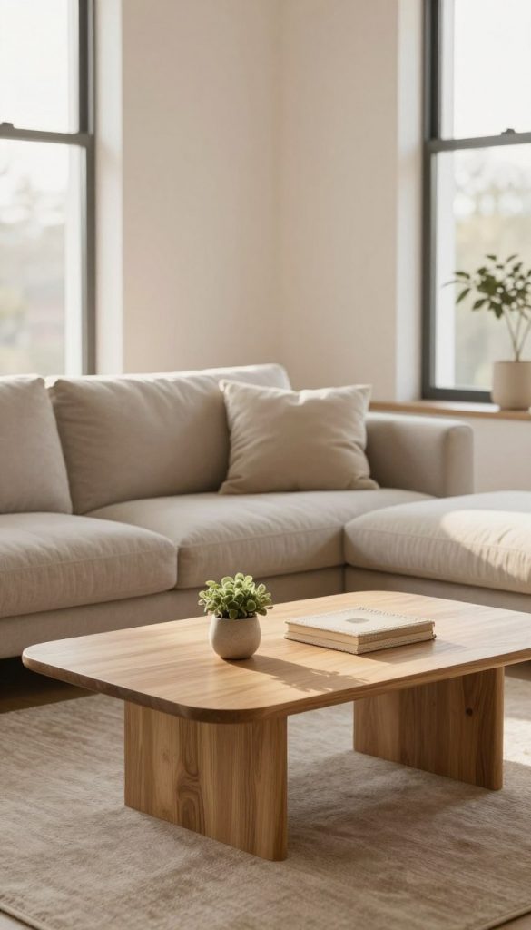 A cozy, minimalist living room featuring a stylish coffee table at the center. The foreground displays a sleek, low-profile coffee table made of light wood, adorned with a few decorative items like a small plant and a textured book. In the middle, a plush, neutral-toned sofa sits invitingly, complemented by soft, oversized cushions. Behind the sofa, a calm, serene backdrop of pale walls and large windows allows natural light to flood the space, casting warm, golden hues around the room. A soft rug underfoot adds comfort. The overall atmosphere is warm and inviting, embodying a natural DIY aesthetic reminiscent of Pinterest inspirations. The setting reflects a thoughtfully curated, organized space that promotes relaxation. The image is created for KlickKiste.