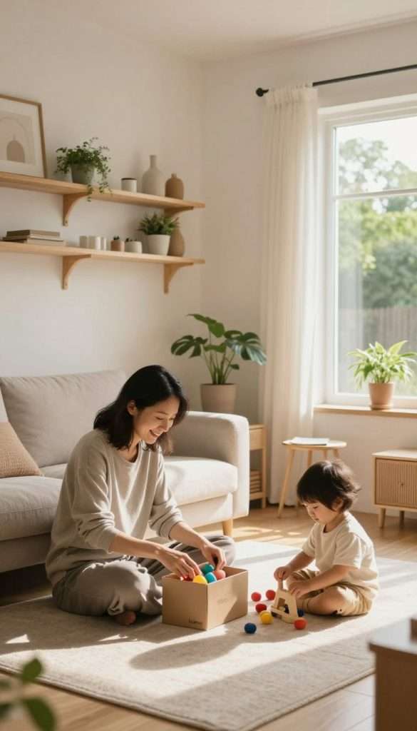 A cozy, minimalistic family living room, showcasing a warm and inviting atmosphere filled with natural elements. In the foreground, a mother in modest casual clothing, smiling while sorting through a small box of toys, symbolizing decluttering. A child is nearby, playing with a simple wooden toy, embodying the essence of minimalist parenting. The middle ground features neatly organized shelves with DIY decor, plants, and simple furniture emphasizing functionality. Soft, warm lighting filters in through a large window, casting gentle shadows. In the background, a serene outdoor view with greenery is visible, enhancing the calming mood. The overall scene is authentic and inspiring, reflecting a practical approach to minimalist parenting. Subtle branding elements hinting at "KlickKiste" are integrated into the decor, maintaining the natural DIY aesthetic.