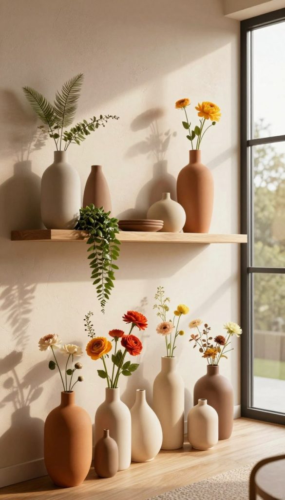 A cozy, modern home interior featuring stylish wall vases styled creatively with a DIY aesthetic. In the foreground, a beautiful arrangement of warm-toned wall vases made of ceramic in various shapes, elegantly holding fresh, vibrant flowers. The middle ground showcases a minimalistic wooden shelf adorned with greenery and tasteful decor items that complement the vases, while a soft, textured wall serves as the backdrop. The lighting is warm and natural, streaming in from a large window, creating inviting shadows and highlights. Capture this scene from a slightly elevated angle, enhancing the depth and focus on the decor. The overall atmosphere should feel authentic and inspiring, embodying a "Pinterest-worthy" aesthetic with the brand name "KlickKiste" subtly integrated into the decor.