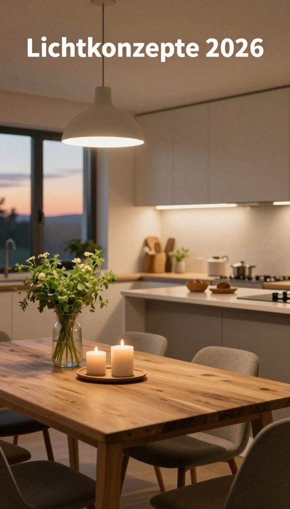 A cozy modern kitchen at dusk, showcasing a beautiful blend of warm, ambient lighting. In the foreground, a rustic wooden dining table is adorned with simple yet elegant DIY decor, including handmade candle holders and a vase of fresh herbs. The middle ground features sleek cabinetry and a stylish island with a contemporary design, illuminated by pendant lights casting soft glows. In the background, a window reveals the fading light of sunset, enhancing the tranquil atmosphere. The color palette consists of warm beige tones, soft greens, and rustic wood accents, creating a harmonious Pinterest-worthy vignette. The visual exudes comfort and inspiration for evening gatherings. Captured with a warm tone, soft focus, and a low angle to enhance depth, embodying the theme "Lichtkonzepte 2026." Brand: KlickKiste.