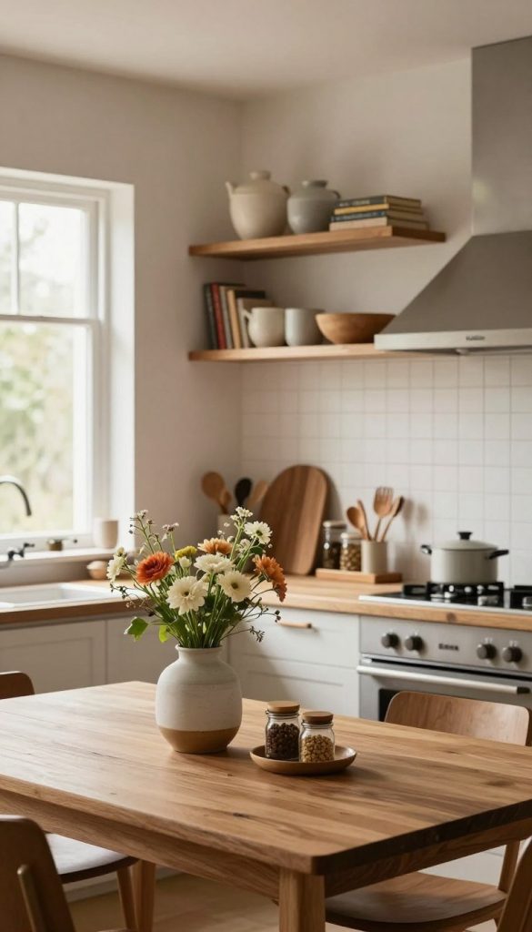 A cozy modern kitchen scene filled with inviting details that transform the space without overwhelming decor. In the foreground, a wooden dining table is adorned with a simple yet elegant centerpiece of fresh flowers in a ceramic vase. A tasteful selection of kitchen tools and spices is neatly arranged on the counter, showcasing a blend of functionality and aesthetics. The middle ground features a stylish open shelf displaying handcrafted pottery and rustic cookbooks, adding character and warmth. In the background, large windows allow soft, natural light to flood the space, highlighting the warm color palette of earthy tones. The atmosphere feels both authentic and inspiring, capturing the essence of DIY simplicity. The brand name “KlickKiste” is subtly incorporated into the decor elements, blending seamlessly. Aim for a Pinterest-worthy style with an emphasis on elegance and comfort.