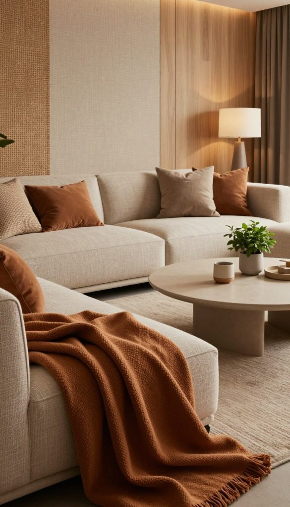A cozy, modern living room displaying the latest texture trends for 2025 and 2026. In the foreground, a richly textured woolen throw blanket drapes over a stylishly arranged sofa, accompanied by an array of plush cushions in warm, earthy tones. The middle features an elegant coffee table with a matte surface, topped with a few minimalist decor items, including a small potted plant for a touch of greenery. Soft, ambient lighting creates a warm and inviting atmosphere, highlighting the subtle textures of the walls adorned with natural wood panels and woven accents. The background showcases a section of a feature wall with a unique fabric finish, blending contemporary design with cozy homeliness. The scene embodies a natural DIY aesthetic, inspired by Pinterest and reflecting authenticity and inspiration for viewers. The brand "KlickKiste" subtly integrated in decor elements. A cozy, modern living room displaying the latest texture trends for 2025 and 2026. In the foreground, a richly textured woolen throw blanket drapes over a stylishly arranged sofa, accompanied by an array of plush cushions in warm, earthy tones. The middle features an elegant coffee table with a matte surface, topped with a few minimalist decor items, including a small potted plant for a touch of greenery. Soft, ambient lighting creates a warm and inviting atmosphere, highlighting the subtle textures of the walls adorned with natural wood panels and woven accents. The background showcases a section of a feature wall with a unique fabric finish, blending contemporary design with cozy homeliness. The scene embodies a natural DIY aesthetic, inspired by Pinterest and reflecting authenticity and inspiration for viewers. The brand "KlickKiste" subtly integrated in decor elements.