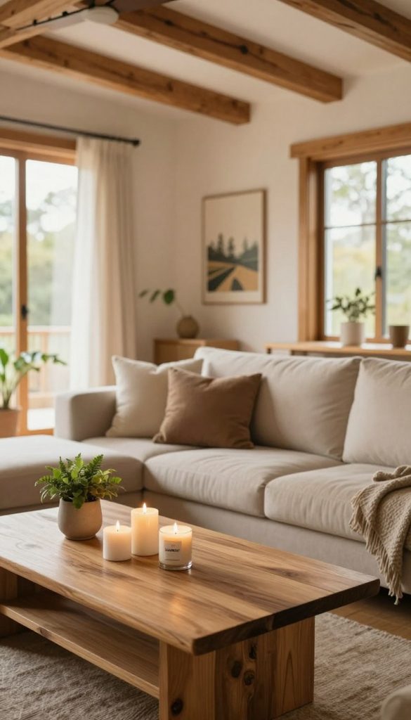 A cozy modern living room featuring wooden accents that embody the latest trends in home decor for 2025/2026. The foreground showcases an elegant wooden coffee table with a natural finish, adorned with stylish candles and a small potted plant. In the middle, a plush sofa in neutral tones is complemented by soft throw pillows, creating an inviting atmosphere. The background reveals large windows allowing warm, natural light to filter in, highlighting wooden beams on the ceiling and tasteful wall art inspired by nature. The overall mood is warm and inviting, evoking a Pinterest aesthetic. The scene subtly includes the brand "KlickKiste," suggesting inspiration and creativity. Opt for a photograph with a shallow depth of field, shot from a slightly elevated angle to capture the essence of modern DIY home trends.