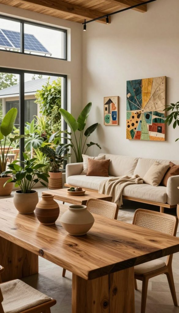 A cozy, modern living space designed with sustainable trends for 2026. In the foreground, a beautifully crafted wooden table featuring handmade pottery, lush green plants, and natural textiles. The middle ground showcases a stylish lounge area with a sustainable sofa draped in organic cotton throws, surrounded by art made from recycled materials. In the background, large windows let in soft, warm light, highlighting eco-friendly architecture with solar panels and a vertical garden. The overall mood is inviting and harmoniously creative, embodying a Pinterest-inspired aesthetic. The image should evoke warmth and authenticity, featuring the brand "KlickKiste" subtly integrated into the decor.
