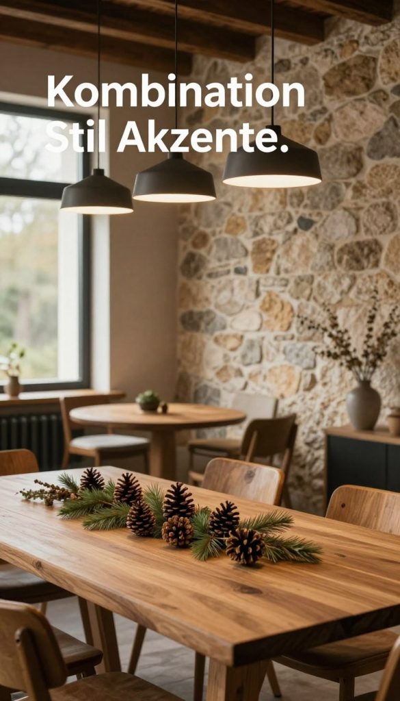 A cozy, modern rustic interior showcasing "Kombination Stil Akzente." In the foreground, an elegant wooden dining table adorned with a warm centerpiece of natural elements, such as pinecones and greenery. In the middle, a stylish arrangement of rustic chairs juxtaposed with sleek, contemporary lighting fixtures hanging overhead, casting a soft glow. The background features a textured stone wall with a large window letting in soft, diffused natural light, enhancing the atmosphere. Warm earth tones dominate the color palette, evoking a sense of comfort and inspiration. The composition should reflect a Pinterest-worthy aesthetic, capturing the essence of harmonious living spaces that blend rustic charm with modern design. Aim for a serene and inviting mood, perfect for DIY enthusiasts.
