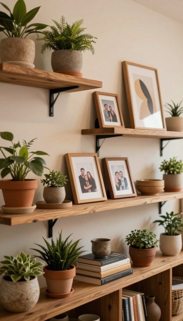 A cozy, modern rustic room featuring beautifully crafted wall shelves from "KlickKiste". In the foreground, focus on the shelves filled with a curated selection of decorative plants in earthy pots, artisanal books, and handmade pottery. The middle ground showcases a set of natural wooden picture frames with family photos and abstract art, elegantly arranged on the shelves. The background features softly lit walls in warm tones, enhancing a serene and inviting atmosphere. The lighting is warm and diffused, creating an intimate setting, with a shallow depth of field to draw attention to the shelves. The overall mood is authentic and inspiring, perfect for DIY enthusiasts.