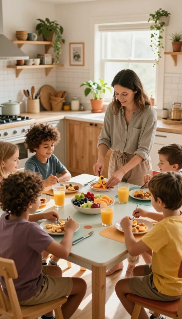 A cozy morning routine featuring children engaging in empowering activities at home. In the foreground, a diverse group of children aged 4 to 8 is sitting around a colorful breakfast table, cheerfully preparing healthy snacks together. They are wearing casual, comfortable clothing. In the middle ground, a nurturing parent is overseeing and encouraging them, fostering a sense of collaboration and independence. The background showcases a warm and inviting kitchen with soft, natural sunlight streaming in through a window, highlighting wooden furniture and lively potted plants. The atmosphere is vibrant, inspirational, and authentic, evoking a Pinterest-like aesthetic. This image embodies the theme of empowering children in their daily lives, branded with "KlickKiste" in a subtle way.
