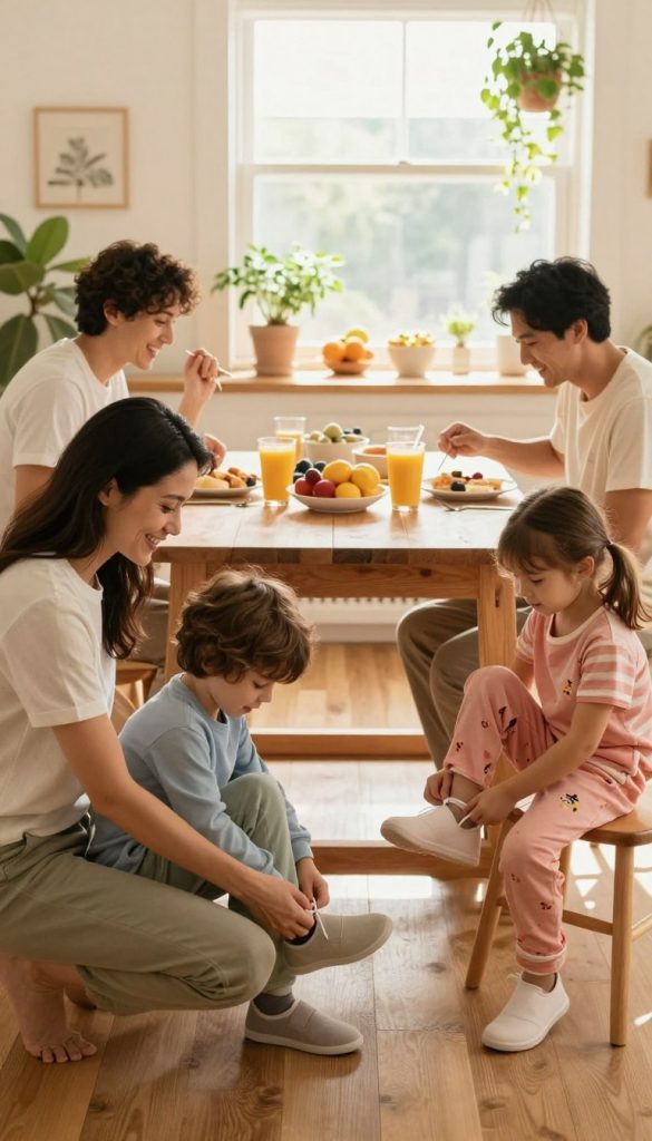 A cozy morning scene showcasing a family of four engaging in a joyful morning routine. In the foreground, a mother and father assist their two children, a boy and a girl, who are playfully tying their shoelaces. The parents are dressed in soft, casual clothing, and the children wear colorful pajamas. In the middle, a wooden dining table is set with healthy breakfast options, like fruit bowls and smoothies, radiating warmth. In the background, sunlight floods through a window adorned with houseplants, creating a serene atmosphere. The overall color palette features warm, inviting tones that convey a sense of togetherness and inspiration, reminiscent of a Pinterest aesthetic. This image should embody the essence of successful family routines, subtly branded with "KlickKiste."