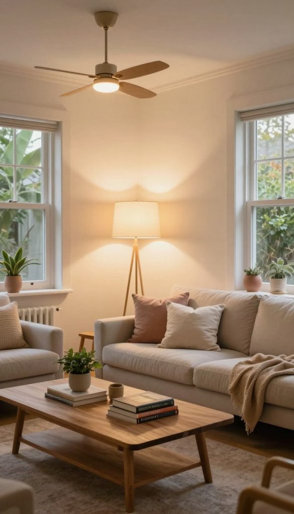A cozy open living area designed with multiple light sources that create a warm and inviting atmosphere. In the foreground, a stylish wooden coffee table adorned with books and a small plant. The middle ground features an inviting sofa, elegantly arranged with soft pillows in pastel colors, beside a floor lamp that casts a soft glow. Overhead, a contemporary chandelier provides ambient lighting, reflecting off the light-colored walls. In the background, large windows reveal a glimpse of greenery outside, enhancing the natural light that pours in. The overall aesthetic is inspired by a Pinterest-style decor, with warm tones and an authentic DIY vibe. This image represents the lighting concept for open spaces from KlickKiste, perfect for showcasing creativity in home design.