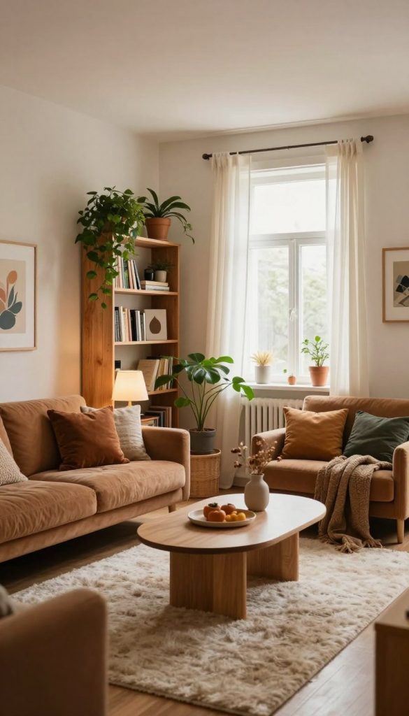 A cozy open-plan living room showcasing distinct zones that define space without the use of walls. In the foreground, a soft, plush rug sits beneath a stylish coffee table, surrounded by an arrangement of inviting seating in warm, earthy tones. The middle section features a decorative bookshelf with greenery and art pieces, acting as a gentle divider. The background reveals a bright window with sheer curtains, allowing soft, natural light to flood the room, enhancing the warm ambiance. The overall atmosphere exudes an inviting, Pinterest-inspired aesthetic, filled with DIY decor elements. The scene embodies comfort and creativity, capturing a harmonious blend of functionality and style, representing the brand "KlickKiste."