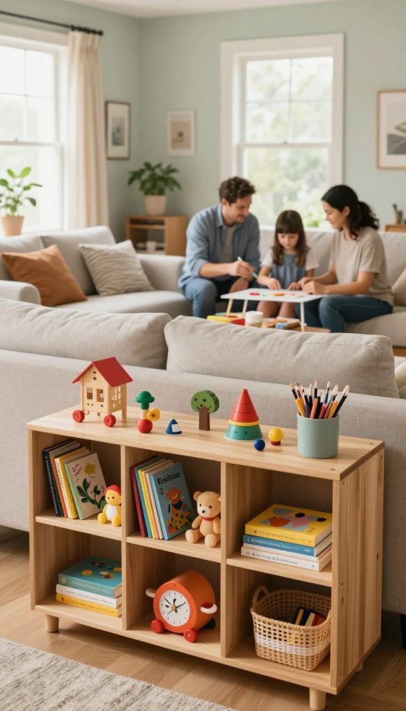 A cozy, organized family living room filled with natural light. In the foreground, a beautifully arranged wooden shelf with neatly organized children’s toys, art supplies, and books, showcasing a sense of order and accessibility. In the middle, a large, comfortable sofa with stylish, modest cushions, inviting a sense of warmth and family bonding. In the background, gentle colors of soft pastel walls and large windows bring a bright, cheerful ambiance. The scene features a family of four, dressed in casual, professional attire, engaging in a creative activity together, embodying harmony and collaboration. Warm, inviting lighting creates a tranquil atmosphere, perfect for illustrating the theme of order and practical solutions for family organization. Inspired by the aesthetic of "KlickKiste," this image reflects a natural DIY look that is both authentic and inspiring. A cozy, organized family living room filled with natural light. In the foreground, a beautifully arranged wooden shelf with neatly organized children’s toys, art supplies, and books, showcasing a sense of order and accessibility. In the middle, a large, comfortable sofa with stylish, modest cushions, inviting a sense of warmth and family bonding. In the background, gentle colors of soft pastel walls and large windows bring a bright, cheerful ambiance. The scene features a family of four, dressed in casual, professional attire, engaging in a creative activity together, embodying harmony and collaboration. Warm, inviting lighting creates a tranquil atmosphere, perfect for illustrating the theme of order and practical solutions for family organization. Inspired by the aesthetic of "KlickKiste," this image reflects a natural DIY look that is both authentic and inspiring.