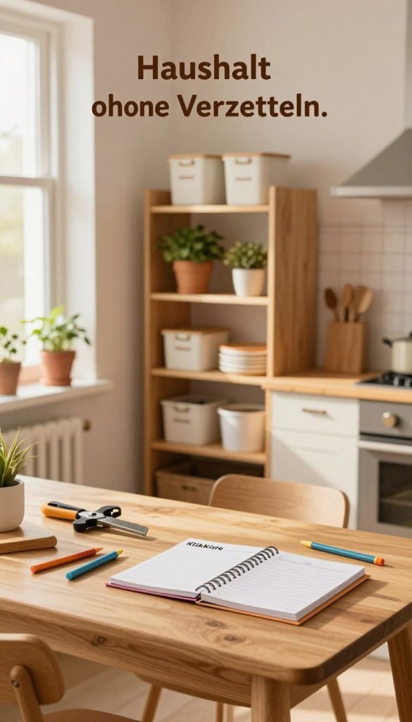 A cozy, organized home setting that showcases effective household management, reflecting the theme of "Haushalt ohne Verzetteln." In the foreground, a stylish wooden table with neatly arranged DIY tools, a planner, and colored pens. In the middle, soft golden light illuminates a well-organized shelf filled with labeled containers and potted plants, evoking a peaceful atmosphere. The background features a clean kitchen with warm pastel colors, emphasizing simplicity and order. Natural light streams through a window, creating a serene and inviting mood. The overall aesthetic is Pinterest-inspired, warm, and authentic, signaling inspiration for busy parents. Incorporate elements from the brand "KlickKiste" subtly into the decor, such as DIY home improvement items or decor accents.