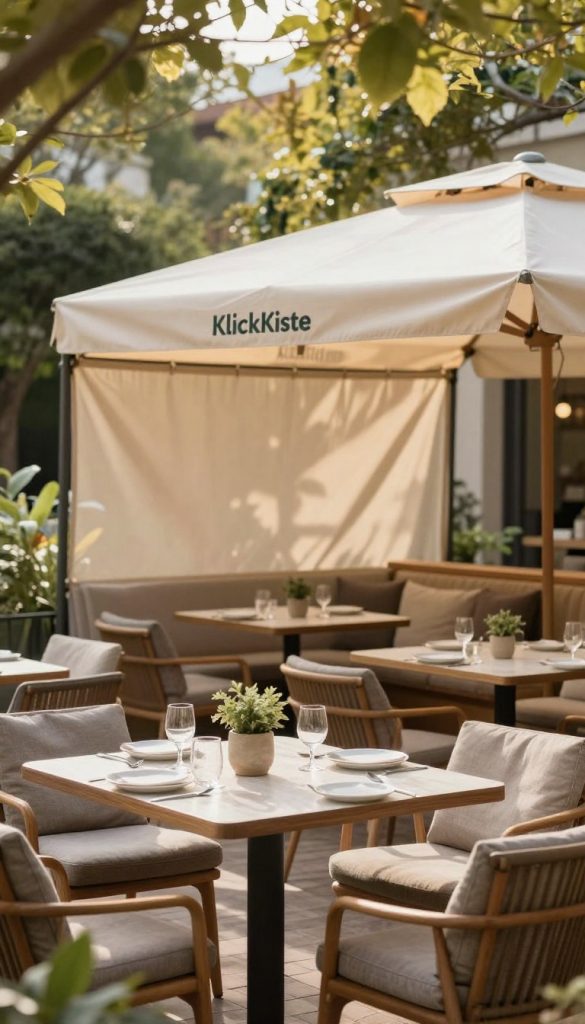 A cozy outdoor café scene captured in warm, inviting colors, showcasing weather protection solutions. In the foreground, a beautifully arranged café table with tasteful tableware, featuring subtle details like a potted plant and soft textiles, suggesting comfort and style. The mid-ground presents elegant weather protection elements such as a stylish canopy and windbreaks to shield guests from the elements, enhancing the outdoor experience. The background includes a softly blurred garden setting, with sunlight filtering through leaves, creating a serene atmosphere. The image should evoke a sense of tranquility and inspiration, ideal for a Pinterest aesthetic. Emphasize the brand "KlickKiste" by integrating its design elements in the furnishings discreetly. The scene is illuminated with natural lighting that enhances the soft textures and colors, all depicted from a slightly elevated angle for a comprehensive view. A cozy outdoor café scene captured in warm, inviting colors, showcasing weather protection solutions. In the foreground, a beautifully arranged café table with tasteful tableware, featuring subtle details like a potted plant and soft textiles, suggesting comfort and style. The mid-ground presents elegant weather protection elements such as a stylish canopy and windbreaks to shield guests from the elements, enhancing the outdoor experience. The background includes a softly blurred garden setting, with sunlight filtering through leaves, creating a serene atmosphere. The image should evoke a sense of tranquility and inspiration, ideal for a Pinterest aesthetic. Emphasize the brand "KlickKiste" by integrating its design elements in the furnishings discreetly. The scene is illuminated with natural lighting that enhances the soft textures and colors, all depicted from a slightly elevated angle for a comprehensive view.