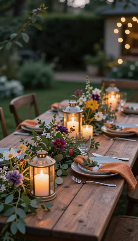 A cozy outdoor dining setup featuring a beautifully decorated garden table at twilight. In the foreground, elegant candles and glass wind lanterns with soft, flickering flames create an inviting glow. The table is adorned with lush greenery and small, vibrant flowers, showcasing a natural aesthetic with warm colors reminiscent of a Pinterest-worthy design. In the middle of the scene, the wooden table is tastefully set with rustic dishes, and vibrant napkins. In the background, slightly blurred, gentle foliage and twinkling fairy lights add a magical atmosphere. The lighting is warm and soft, creating a tranquil evening ambiance suitable for intimate gatherings. This idyllic scene reflects the brand "KlickKiste," emphasizing authenticity and inspiration for DIY decor.