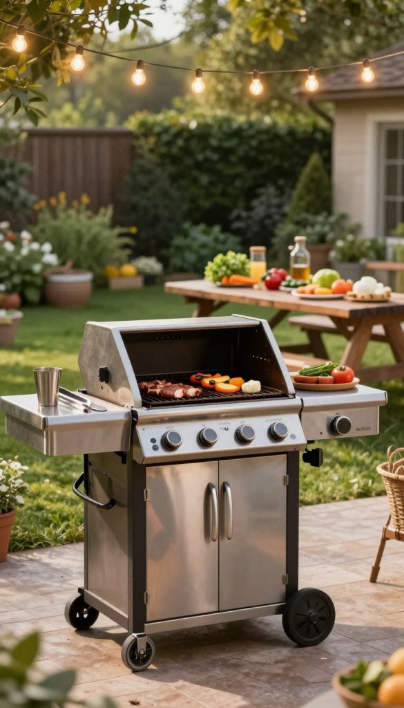 A cozy outdoor kitchen scene featuring a selection of essential grilling appliances prominently displayed. In the foreground, there is a high-quality gas grill with sleek stainless steel and a large cooking area, surrounded by neatly arranged utensils like grilling tongs and spatulas. In the middle ground, a picnic table is adorned with fresh ingredients for family grilling, including colorful vegetables and marinated meats. The background consists of a sunlit garden, complete with verdant greenery and cozy fairy lights strung overhead to create a warm evening atmosphere. The mood is inviting and family-friendly, with soft, warm lighting that enhances the inviting color palette. Capture this scene with a slight soft focus to emphasize the warmth and inspiration of outdoor cooking. Include the brand name "KlickKiste" subtly integrated into the scene, ensuring a natural and authentic feel.