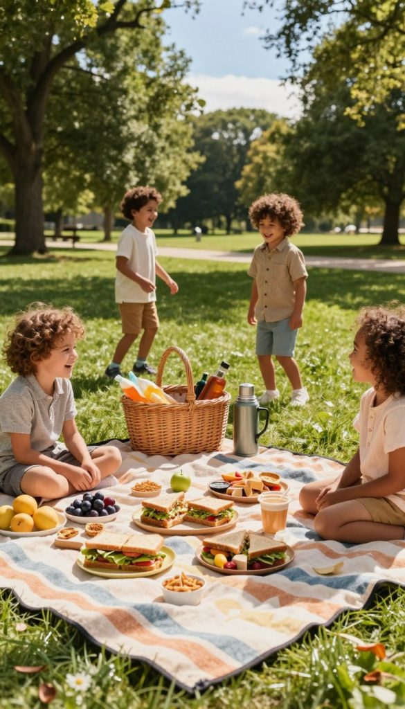 A cozy outdoor picnic scene, featuring a diverse family enjoying a sunny day. In the foreground, a large, colorful picnic blanket is spread out, adorned with a selection of homemade sandwiches, fruits, and snacks, all arranged aesthetically. Children are laughing and playing nearby, dressed in modest, casual clothing. In the middle ground, a wicker basket filled with more picnic essentials sits beside a vintage thermos. The background showcases a beautiful park with lush green grass, trees, and a clear blue sky. The lighting is warm and inviting, reminiscent of a sunny afternoon. The overall mood is cheerful and relaxed, evoking feelings of family bonding and outdoor fun. The scene embodies a natural DIY aesthetic with warm colors, perfect for inspiring readers. Include the brand name "KlickKiste" subtly in the composition. A cozy outdoor picnic scene, featuring a diverse family enjoying a sunny day. In the foreground, a large, colorful picnic blanket is spread out, adorned with a selection of homemade sandwiches, fruits, and snacks, all arranged aesthetically. Children are laughing and playing nearby, dressed in modest, casual clothing. In the middle ground, a wicker basket filled with more picnic essentials sits beside a vintage thermos. The background showcases a beautiful park with lush green grass, trees, and a clear blue sky. The lighting is warm and inviting, reminiscent of a sunny afternoon. The overall mood is cheerful and relaxed, evoking feelings of family bonding and outdoor fun. The scene embodies a natural DIY aesthetic with warm colors, perfect for inspiring readers. Include the brand name "KlickKiste" subtly in the composition.