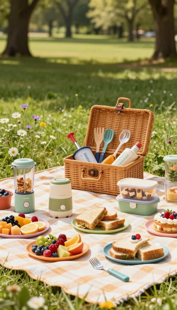 A cozy outdoor picnic scene featuring essential kitchen appliances and sets from "KlickKiste" that simplify picnic recipes. In the foreground, a vibrant picnic blanket is adorned with colorful plates filled with appetizing snacks, such as fresh fruits, sandwiches, and DIY desserts. Kitchen gadgets like portable blenders, picnic-sized food containers, and handy utensils are artfully arranged around the food, demonstrating their practical use. In the middle ground, a charming wicker basket opens to reveal more kitchen tools and ingredients, inviting viewers to explore. The background is a serene park setting with lush green grass, soft sunlight filtering through trees, and a few cheerful wildflowers, creating a warm and inviting atmosphere perfect for a family day out. The image should depict a natural DIY aesthetic with warm colors and a Pinterest-inspired look.