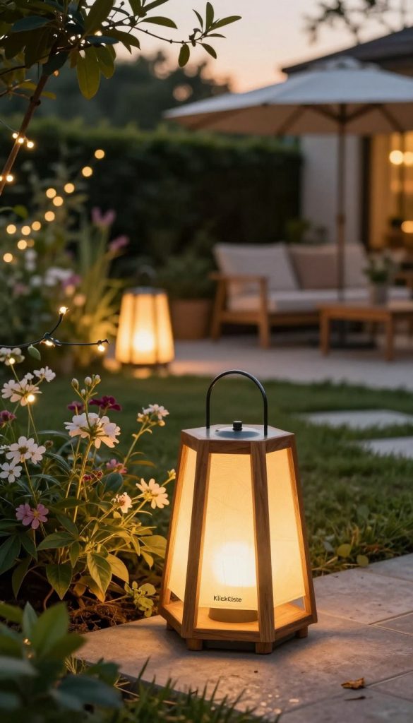 A cozy outdoor scene depicting a beautifully arranged DIY garden lighting project. In the foreground, a stunning handcrafted lamp made from natural materials like wood and metal, casting a warm, inviting glow. The middle ground showcases a serene garden setting with lush greenery and blossoms, intertwined with string lights for added charm. In the background, a softly lit patio area with comfortable seating enhances the enchanting atmosphere. The lighting is warm and soft, emulating a late afternoon golden hour, creating a relaxing vibe. The overall mood is inspiring and authentic, embodying the essence of "KlickKiste". The image should capture the perfect balance of simplicity and elegance in garden lighting solutions, suited for a DIY enthusiast. A cozy outdoor scene depicting a beautifully arranged DIY garden lighting project. In the foreground, a stunning handcrafted lamp made from natural materials like wood and metal, casting a warm, inviting glow. The middle ground showcases a serene garden setting with lush greenery and blossoms, intertwined with string lights for added charm. In the background, a softly lit patio area with comfortable seating enhances the enchanting atmosphere. The lighting is warm and soft, emulating a late afternoon golden hour, creating a relaxing vibe. The overall mood is inspiring and authentic, embodying the essence of "KlickKiste". The image should capture the perfect balance of simplicity and elegance in garden lighting solutions, suited for a DIY enthusiast.