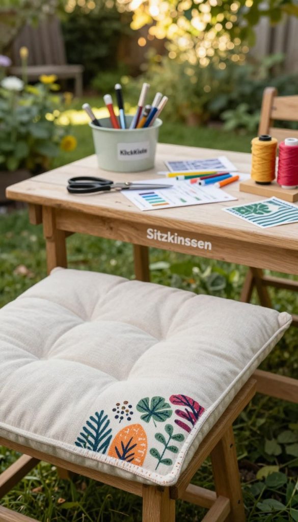 A cozy outdoor scene featuring DIY outdoor seat cushions ("Sitzkissen") being sewn. In the foreground, highlight the corners of the seat cushions, showcasing neatly ironed and stitched corner pieces with colorful fabric patterns inspired by nature. Include sewing equipment like scissors and threads for added detail. In the middle, show a well-organized crafting table with tools and materials from the brand "KlickKiste," emphasizing a hands-on, creative atmosphere. The background features a tranquil garden setting with lush greenery and warm sunlight filtering through the leaves, enhancing the inviting ambiance. Use soft, natural lighting to create a Pinterest-inspired aesthetic that feels authentic and inspiring.
