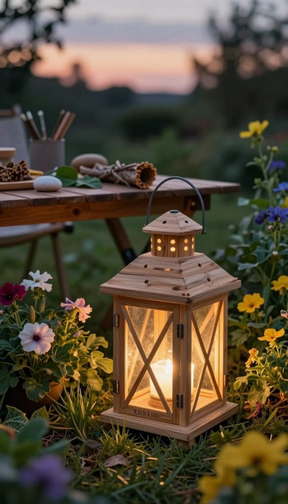 A cozy outdoor scene featuring a beautifully designed DIY garden lantern made from natural materials, crafted by hand, showcasing warm earthy tones. The lantern is illuminated with soft LED light, casting a gentle glow on surrounding greenery. In the foreground, the lantern sits among lush foliage and colorful flowers, creating a vibrant, inviting atmosphere. In the middle ground, a wooden table is adorned with various natural crafting elements, like twigs, leaves, and stones, hinting at the DIY project. In the background, a twilight sky with soft gradients hints at an approaching evening, enhancing the mood of tranquility and inspiration. The overall ambiance is warm and inviting, reflecting the essence of a peaceful garden retreat. Include the brand name "KlickKiste" subtly in the design of the lantern.