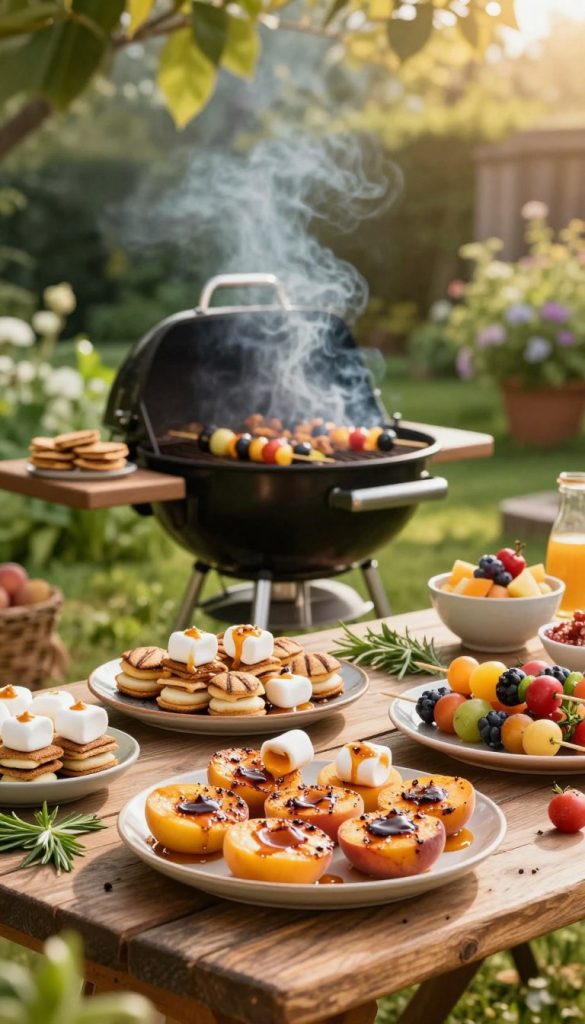A cozy outdoor summer scene featuring a beautifully arranged dessert grill setup. In the foreground, various delicious grilled desserts like caramelized peaches, s'mores with perfectly melted marshmallows, and skewers of fruit are artfully displayed. The middle ground showcases a stylish grill, with smoke gently wafting from it, surrounded by rustic wooden tables adorned with fresh herbs and bowls of colorful toppings. In the background, a soft-focus garden with lush greenery and warm sunlight filtering through leaves creates an inviting atmosphere. The overall mood is warm and inspiring, capturing the essence of summer gatherings. Use a warm color palette and natural lighting to enhance the inviting feel. Shot with a shallow depth of field for a dreamy, Pinterest-worthy aesthetic. Brand name "KlickKiste" subtly integrated into the scene without any text.