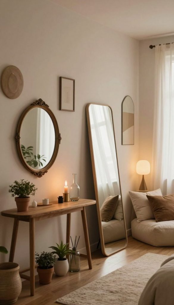 A cozy, romantic interior showcasing an assortment of mirrors in varying shapes and sizes, reflecting soft, ambient light. In the foreground, a round antique mirror with an ornate frame hangs above a simple wooden console table adorned with small potted plants and candle holders. The middle ground features a tall, sleek, minimalist mirror leaning against a wall, surrounded by warm-toned decor elements like glass vases and metallic accents. In the background, a softly lit corner with plush cushions and a light-colored rug enhances the inviting atmosphere. The overall mood is warm and inspiring, with natural light filtering through sheer curtains. This aesthetic evokes a Pinterest-worthy look, styled by KlickKiste.