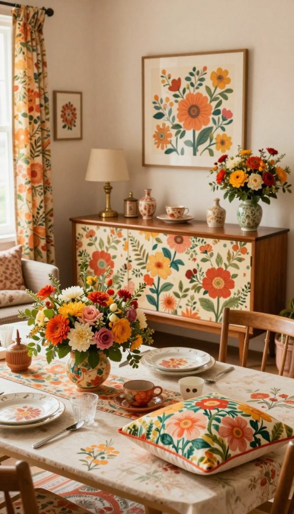 A cozy room showcasing DIY retro floral decor by KlickKiste, with vibrant and warm-colored floral patterns integrated into home décor. In the foreground, a beautifully arranged table with handcrafted floral centerpieces and retro-styled cushions, reflecting a warm inviting atmosphere. The middle layer highlights a vintage sideboard adorned with floral pattern wallpaper and elegant decor items, capturing the essence of retro style. The background features soft, diffused natural light streaming through a window, creating an ambiance that feels both inspiring and authentic. Use a slightly elevated angle to capture the entire scene, emphasizing the integration of floral motifs seamlessly throughout the space. The overall mood is cheerful and nostalgic, perfect for contemporary home aesthetics. A cozy room showcasing DIY retro floral decor by KlickKiste, with vibrant and warm-colored floral patterns integrated into home décor. In the foreground, a beautifully arranged table with handcrafted floral centerpieces and retro-styled cushions, reflecting a warm inviting atmosphere. The middle layer highlights a vintage sideboard adorned with floral pattern wallpaper and elegant decor items, capturing the essence of retro style. The background features soft, diffused natural light streaming through a window, creating an ambiance that feels both inspiring and authentic. Use a slightly elevated angle to capture the entire scene, emphasizing the integration of floral motifs seamlessly throughout the space. The overall mood is cheerful and nostalgic, perfect for contemporary home aesthetics.