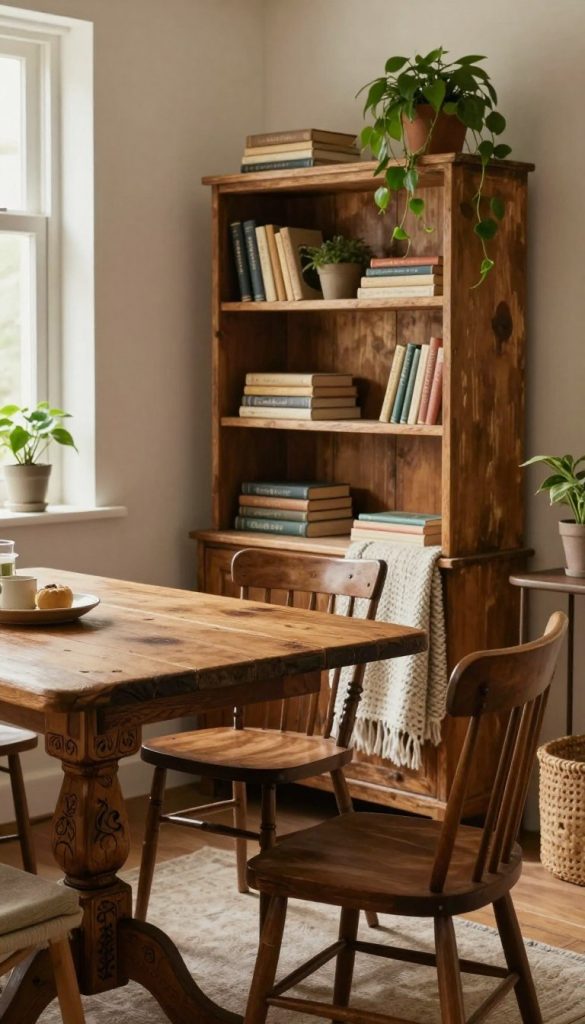 A cozy rustic living space filled with furniture pieces that tell a story. In the foreground, a beautifully handcrafted wooden table with intricate carvings, accompanied by mismatched vintage chairs, creating a sense of history. The middle ground features a warm-toned, weathered bookshelf filled with well-loved books and decorative plants, complemented by soft, textured throws. In the background, a softly lit window illuminates the scene with natural light, casting gentle shadows that enhance the inviting atmosphere. The overall mood is warm and welcoming, blending rustic elements with modern touches seamlessly. The composition evokes an inspiring DIY aesthetic synonymous with the brand "KlickKiste," using warm colors to create a harmonious Pinterest-worthy scene.