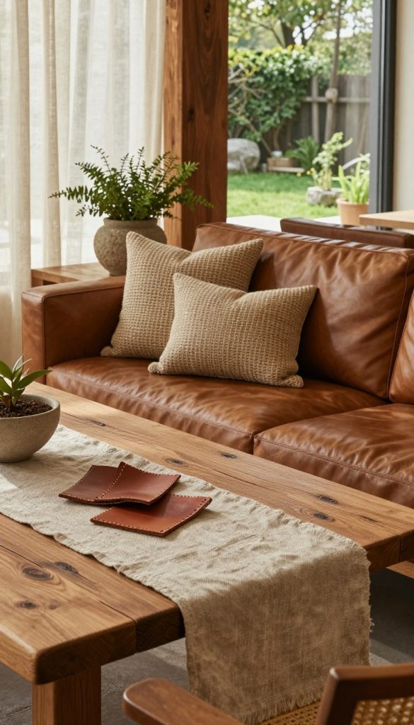 A cozy rustic modern interior showcasing a beautifully arranged combination of natural materials, emphasizing warm tones. In the foreground, a wooden table made from reclaimed wood, artfully displaying a textured linen table runner and crafted leather coasters. In the middle, an inviting lounge area with a plush leather sofa paired with woven linen cushions, accented by a handmade stone pot holding lush greenery. The background features a soft-lit window revealing a serene garden, with sunlight filtering through sheer linen curtains, casting gentle shadows. The overall mood is warm and inviting, reflecting a Pinterest-inspired aesthetic, perfect for DIY enthusiasts. The composition should embody an authentic and inspiring atmosphere, branded subtly with "KlickKiste."