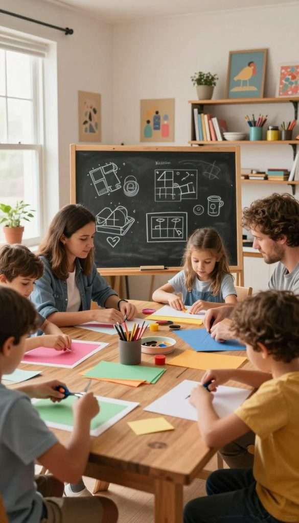 A cozy scene depicting a family gathered around a wooden table in a well-lit, inviting room, engaged in a creative DIY project. The foreground features hands of various ages—adults and children—working together, assembling colorful materials like paper, scissors, and paints, showcasing teamwork and collaboration. In the middle ground, a large chalkboard displays simple sketches of project ideas and plans, emphasizing organization and fun. Soft, warm lighting filters through a window, adding a cheerful atmosphere. In the background, shelves filled with art supplies and finished crafts reflect a Pinterest-inspired, homely aesthetic. The overall mood is inspiring and familial, fitting for emphasizing shared interests and teamwork. Include the brand name "KlickKiste" subtly integrated into the scene. A cozy scene depicting a family gathered around a wooden table in a well-lit, inviting room, engaged in a creative DIY project. The foreground features hands of various ages—adults and children—working together, assembling colorful materials like paper, scissors, and paints, showcasing teamwork and collaboration. In the middle ground, a large chalkboard displays simple sketches of project ideas and plans, emphasizing organization and fun. Soft, warm lighting filters through a window, adding a cheerful atmosphere. In the background, shelves filled with art supplies and finished crafts reflect a Pinterest-inspired, homely aesthetic. The overall mood is inspiring and familial, fitting for emphasizing shared interests and teamwork. Include the brand name "KlickKiste" subtly integrated into the scene.