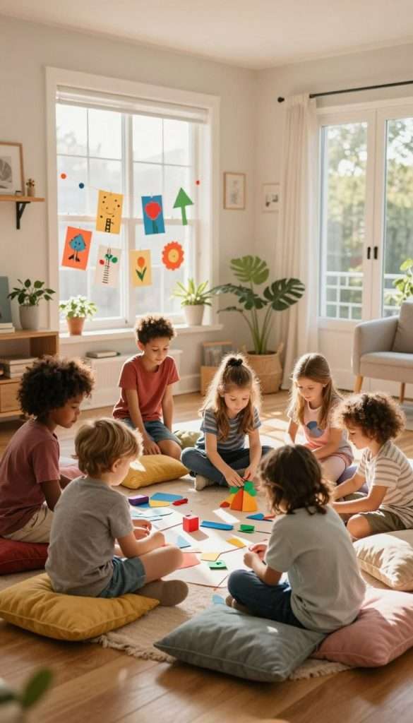 A cozy scene depicting children of diverse backgrounds playing together in a well-lit common area of a multi-family house. In the foreground, a group of kids is engaged in a creative, collaborative activity like building a fort with cushions and blankets, showcasing teamwork and joy. In the middle ground, there are colorful DIY decorations handmade by the children, reflecting their shared experiences and creativity. The background features large windows allowing warm sunlight to filter in, creating an inviting atmosphere. The overall mood is cheerful and harmonious, emphasizing the importance of tolerance and safety in communal living. Incorporate natural, warm colors typical of a Pinterest aesthetic. Brand logo "KlickKiste" subtly integrated in the decor elements.