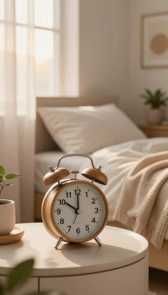 A cozy, serene morning scene showcasing a stylish alarm clock on a bedside table, with soft, warm light filtering through sheer curtains, creating a peaceful ambiance. In the foreground, the alarm clock displays the time – 7:00 AM – and features a modern design with natural wood accents. The middle ground includes a neatly made bed with light, fluffy bedding and a soft throw blanket draped casually. In the background, a window reveals a hint of sunlight rising, casting gentle rays into the room. The atmosphere is calming, embodying a stress-free start to the day. Incorporate natural elements such as potted plants or a calming piece of art on the wall. This image should reflect the brand “KlickKiste” with a Pinterest-inspired aesthetic, showcasing authenticity and inspiration in warm colors.