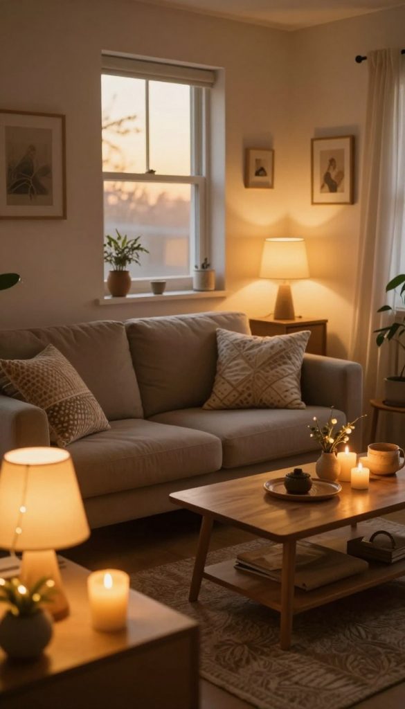 A cozy small apartment interior, showcasing clever lighting design with multiple light sources that create a warm, inviting atmosphere. In the foreground, soft amber table lamps and string lights illuminate a stylish wooden coffee table adorned with DIY decor items. The middle of the scene features a comfortable sofa with decorative cushions, surrounded by lit candles that add depth and coziness. In the background, a small window allows golden natural light to filter in, enhancing the overall ambiance. The colors are warm and inviting, reflecting a Pinterest-worthy aesthetic that is both authentic and inspiring. Shot with a soft focus lens, the composition emphasizes the interaction of light and shadow, capturing the essence of homely charm. Inspired by KlickKiste’s DIY philosophy, the image radiates creativity and style.